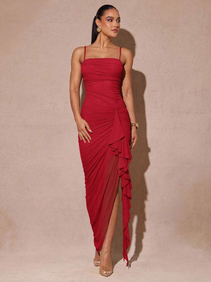 Dark Red High Slit Bodycon Dress Sona Mart ka Close up of ruched detailing and ruffle slit on dark red dress by Sona Mart