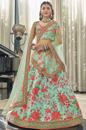 Close up of sequins dori and stone work on green silk lehenga by Sona Mart