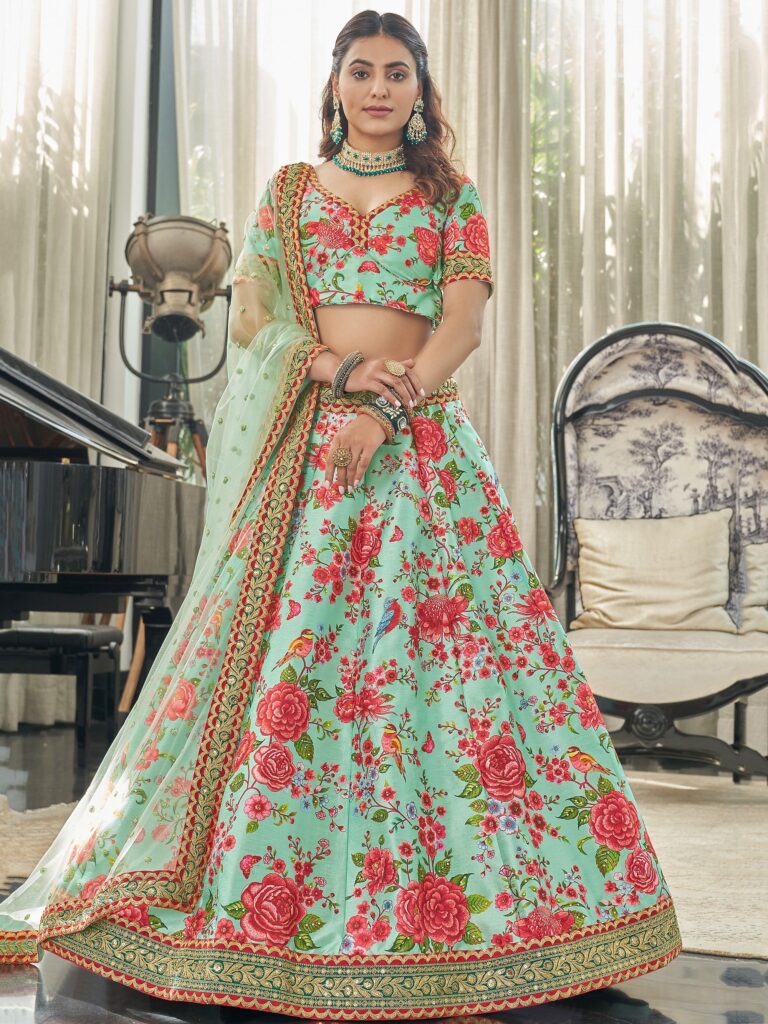 Green Floral Printed Silk Lehenga Choli Sangeet Wear Plus Size