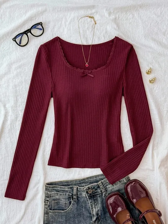 Lace-Trimmed Strapless Long Sleeve Top SM Close up of textured stretchable fabric and lace trim on Sona Mart women's top