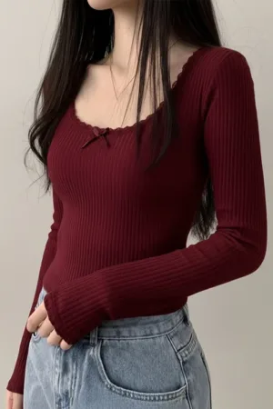 Woman wearing Sona Mart Korean style lace-trimmed strapless long sleeve top