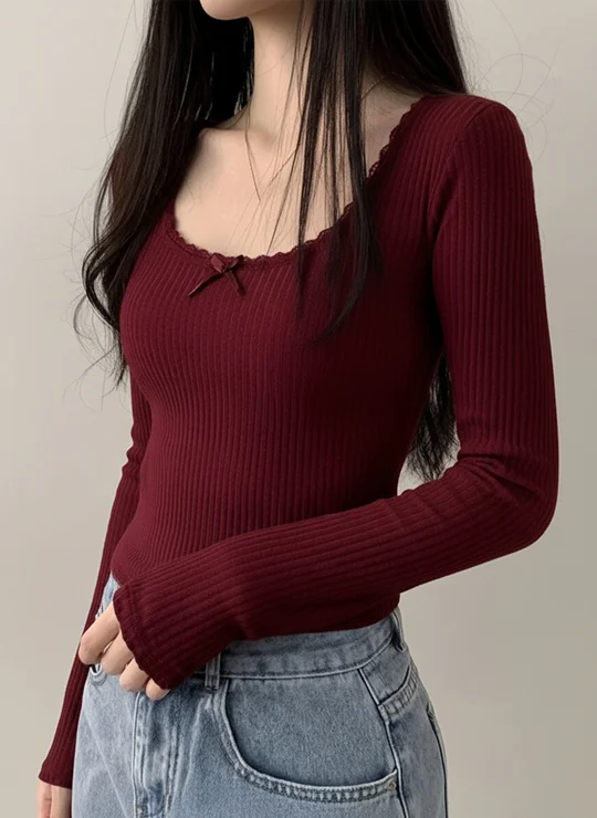 Lace-Trimmed Strapless Long Sleeve Top Sona Mart Woman wearing Sona Mart Korean style lace-trimmed strapless long sleeve top