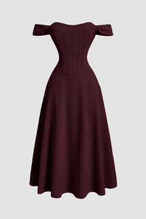 Maroon Faux Fishbone Design Romantic One Shoulder Dress 1296x