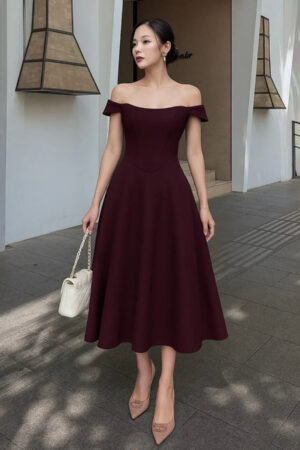 Maroon Faux Fishbone Design Romantic One Shoulder Dress 2 1296x