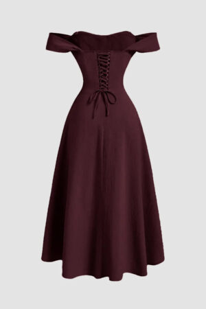 Maroon Faux Fishbone Design Romantic One Shoulder Dress 3 1296x
