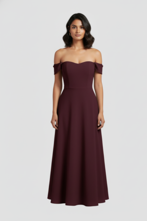 Model wearing an elegant maroon off-shoulder midi dress with a structured faux fishbone bodice and a flared hemline, perfect for date nights.