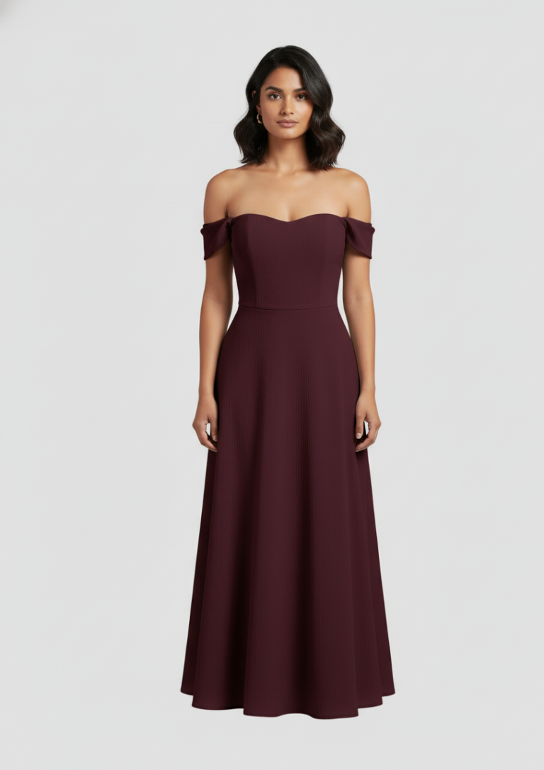 Romantic Maroon Faux Fishbone Off-Shoulder Midi Dress