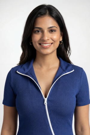 Full length view of versatile blue zipper dress for women