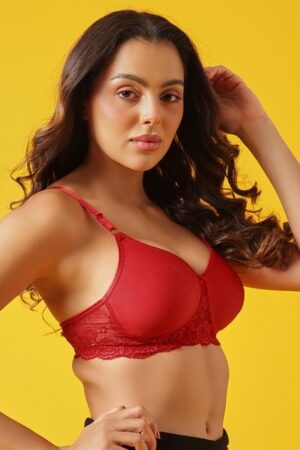 Close up of exquisite lace detailing on side wings of a red bra
