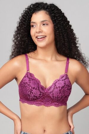 Woman wearing Sona Mart premium wine lace padded non-wired bra.