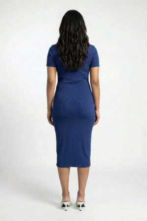 Close up of white two-way zipper on dark blue ribbed bodycon dress