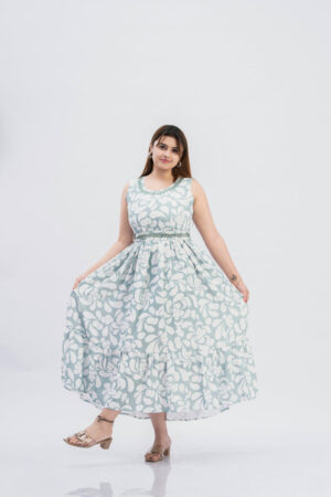 Sona Mart premium mint green flared maxi dress with soft floral print and defined waist
