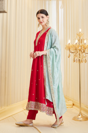 Close up of intricate V-neck embroidery on vibrant red silk ethnic wear.