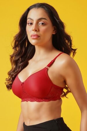 Close up of exquisite lace detailing on side wings of a red bra