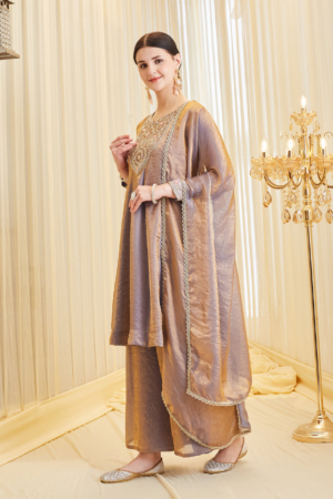 Close up of sweetheart neckline and intricate embroidery on purple silk ethnic wear.