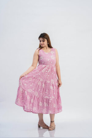 Close up of round neckline and floral embroidery on pink dress.