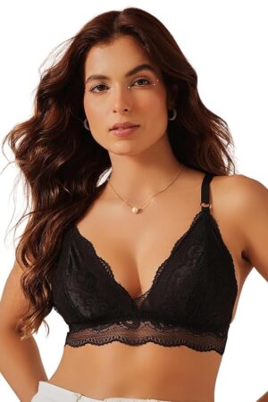 Woman wearing Sona Mart premium black lace longline bralette