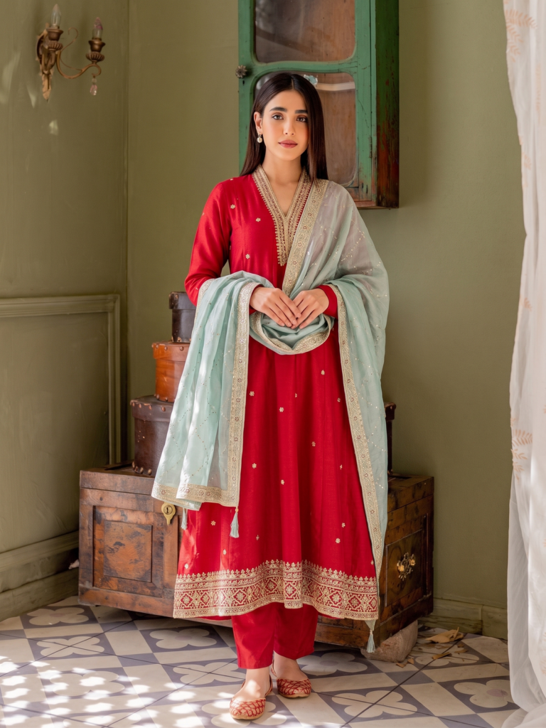 Red Embroidered Silk Anarkali Set