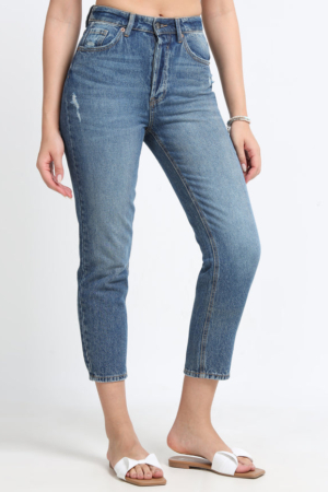 Woman wearing Sona Mart premium blue slim fit high-rise denims.