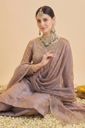 Woman wearing Sona Mart premium purple silk embroidered Anarkali set.