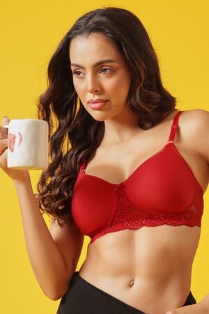 Woman wearing Sona Mart premium red cotton rich spacer cup bra