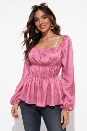 Woman wearing Sona Mart premium pink smocked peplum top with full sleeves.