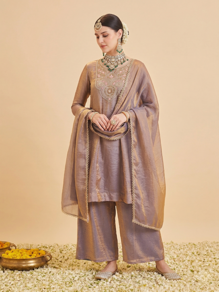 Purple Silk Embroidered Anarkali Set