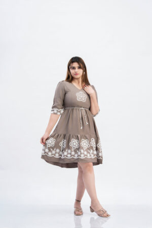 Close up of V-neckline and embroidery on yoke of Sona Mart dress