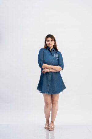 Woman wearing Sona Mart premium denim embroidered button down shirt dress.