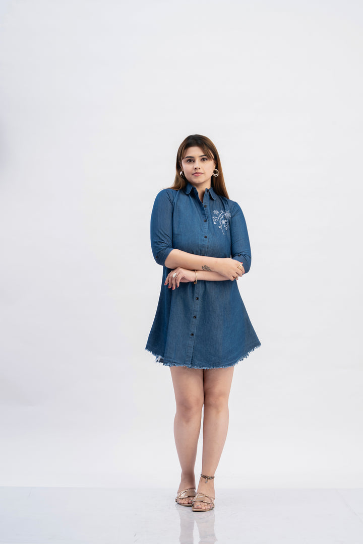 Premium Denim Embroidered Button-Down Shirt Dress