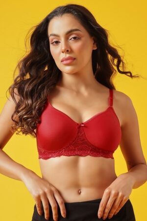 Woman wearing Sona Mart premium red cotton rich spacer cup bra