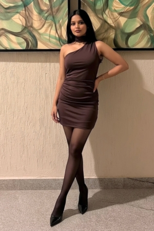 Close up of ruched midsection and scarf neckline on mocha brown party dress