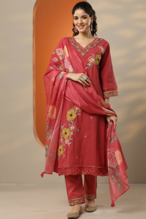 Close up of V-neckline, lace trims, and floral embroidery on a pink kurta.