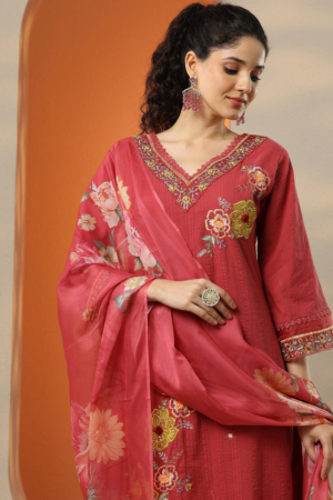 Full length view of straight fit cotton ethnic suit with matching trousers