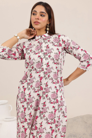 Woman wearing Sona Mart premium off white floral printed pure cotton kurta set