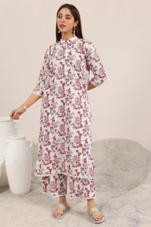 Woman wearing Sona Mart premium off white floral printed pure cotton kurta set