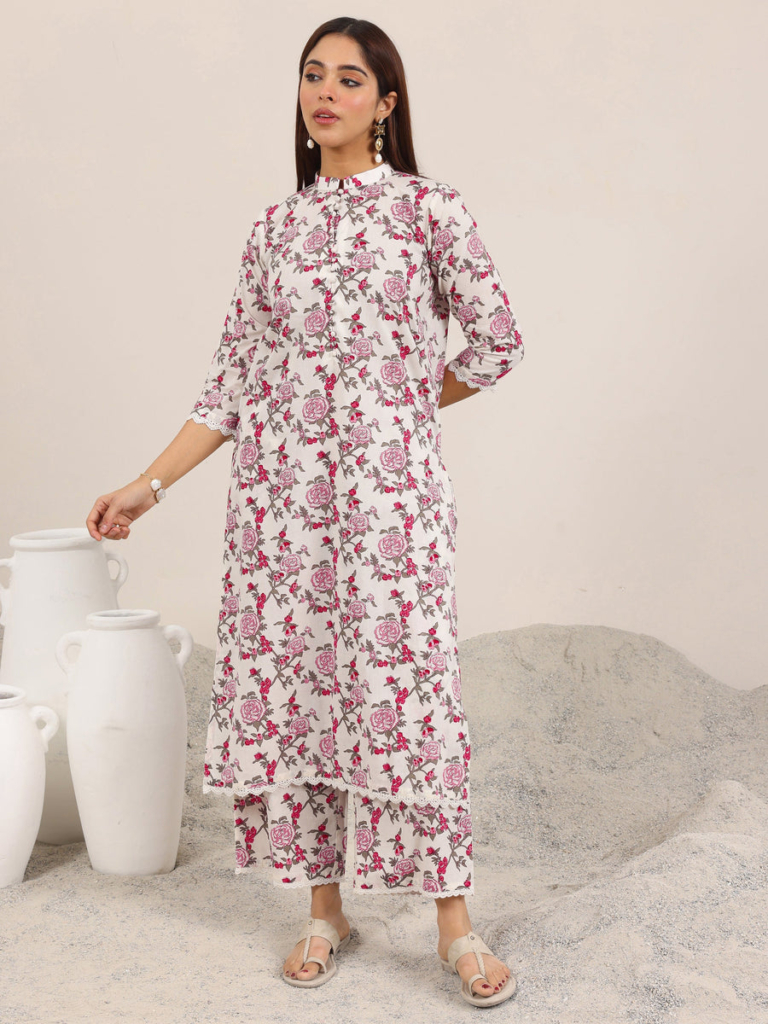 Off-White Floral Printed Pure Cotton Kurta Set