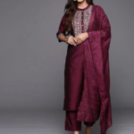 Wine Zari Embroidered Silk Blend Suit Set