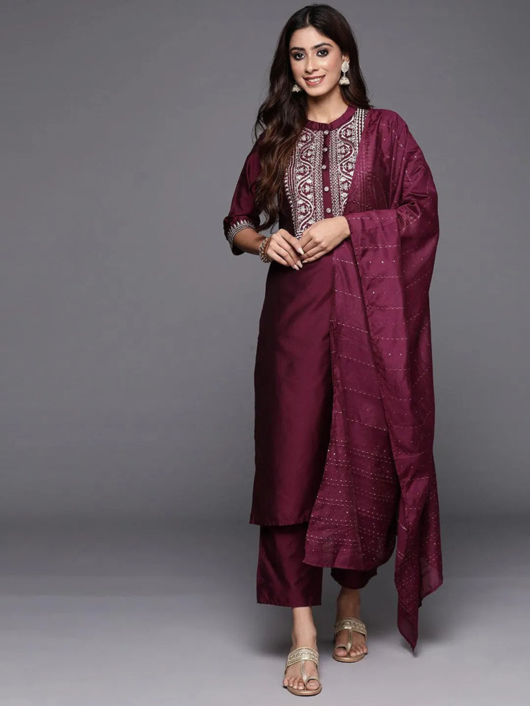 Wine Zari Embroidered Silk Blend Suit Set